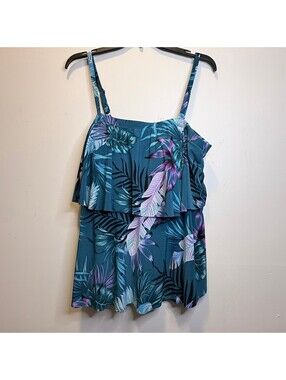 Bali Harbour Swim 1X Tankini Top Tropical Floral Ruffle Teal Blue Plus Size